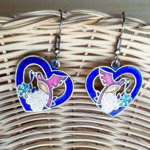 Vintage hearts & birds cloisonné  dangle earrings